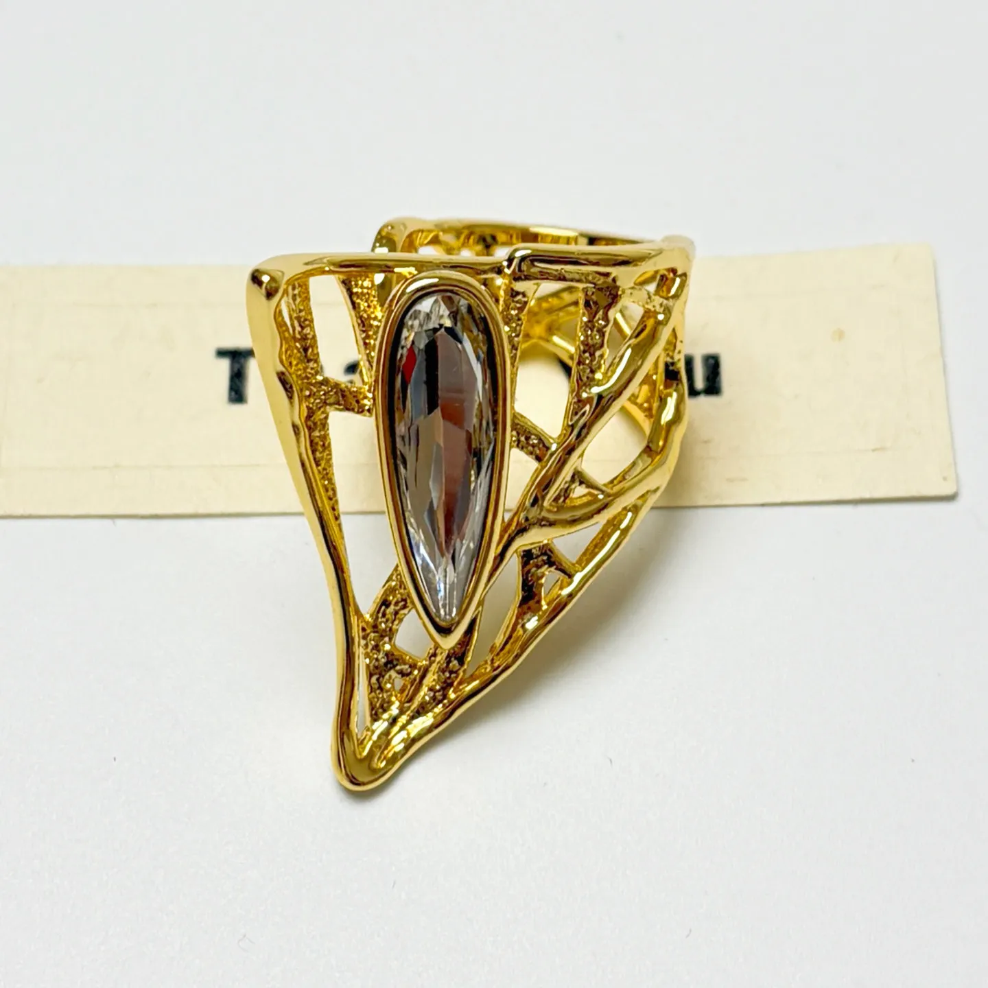 Vintage 80s Hollow Vines Teardrop Open Ring for Women Luxury Gold Wide Band Statement Jewelry Party Evening Accessory