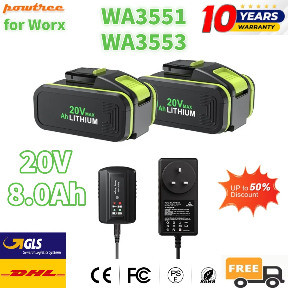 Für Worx 20V 8.0Ah wiederaufladbare Li-Ionen-Batterie für WA3551 WA3551.1 WA3553 WA3641 WX373 WX390 Elektrowerkzeug mit Ladegerät