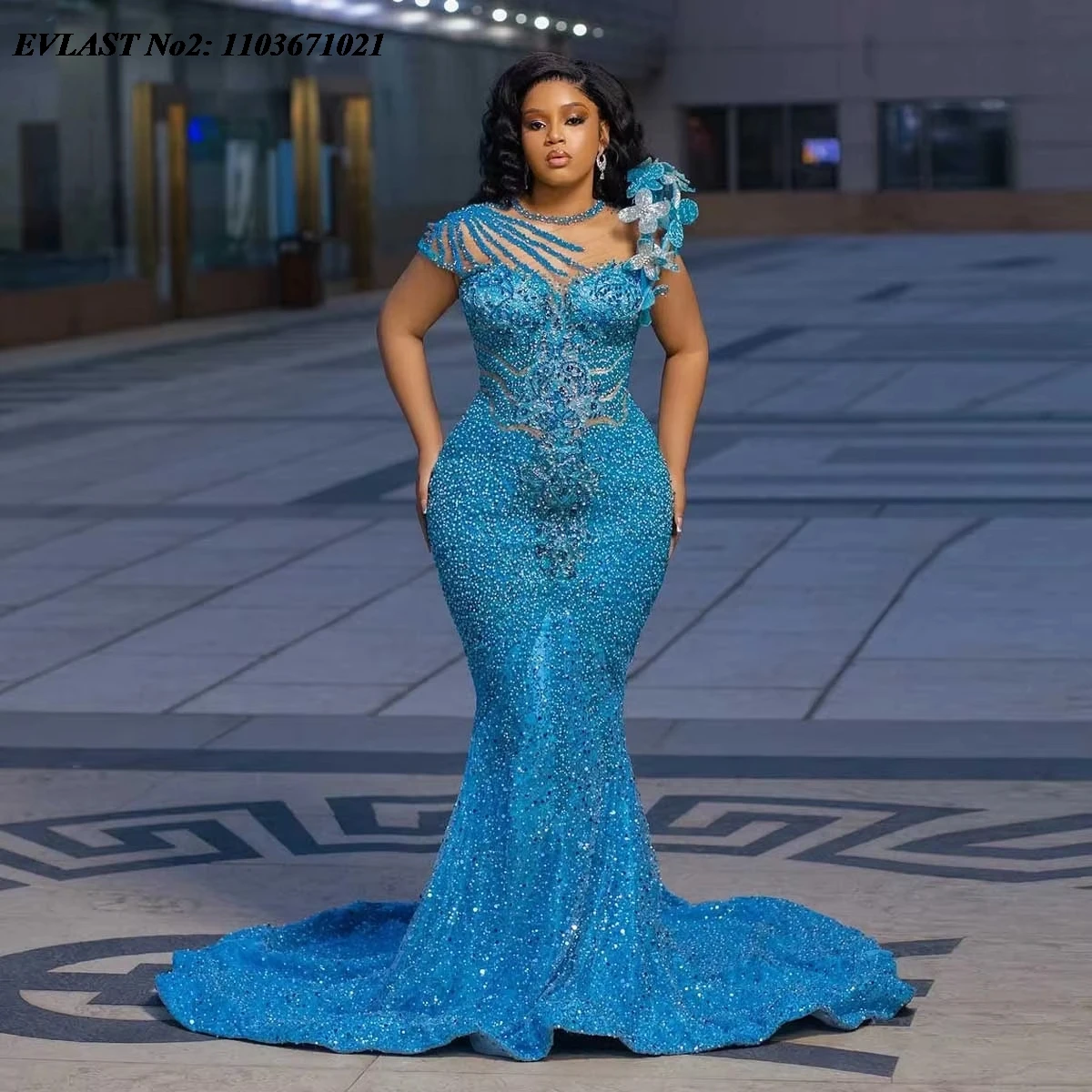 

EVLAST Customized African Luxurious Blue Beading Prom Dress Aso Ebi Wedding Party Dress 3D Flowers Beaded Formal Gown E2P61