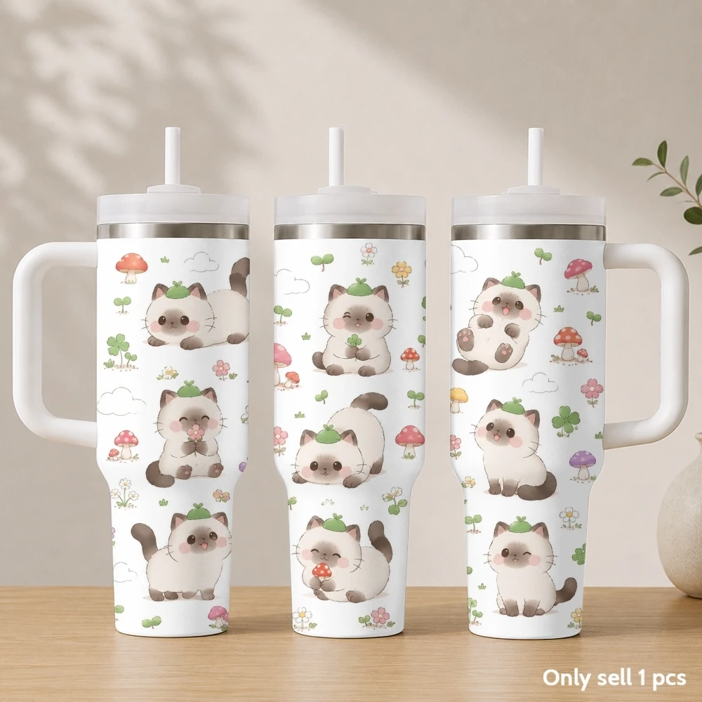 Cute and soothing little cat Vacuum Flasks 40oz Stainless Steel Insulated Tumbler with Handle & Straw Leakproof Travel Mug