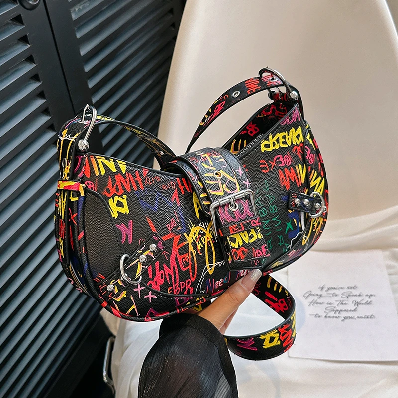 High Quality Women PU Leather Handbags Shoulder Bag Fashion Ladies Graffiti Saddle Crossbody Bags for Women Casual Messenger Bag