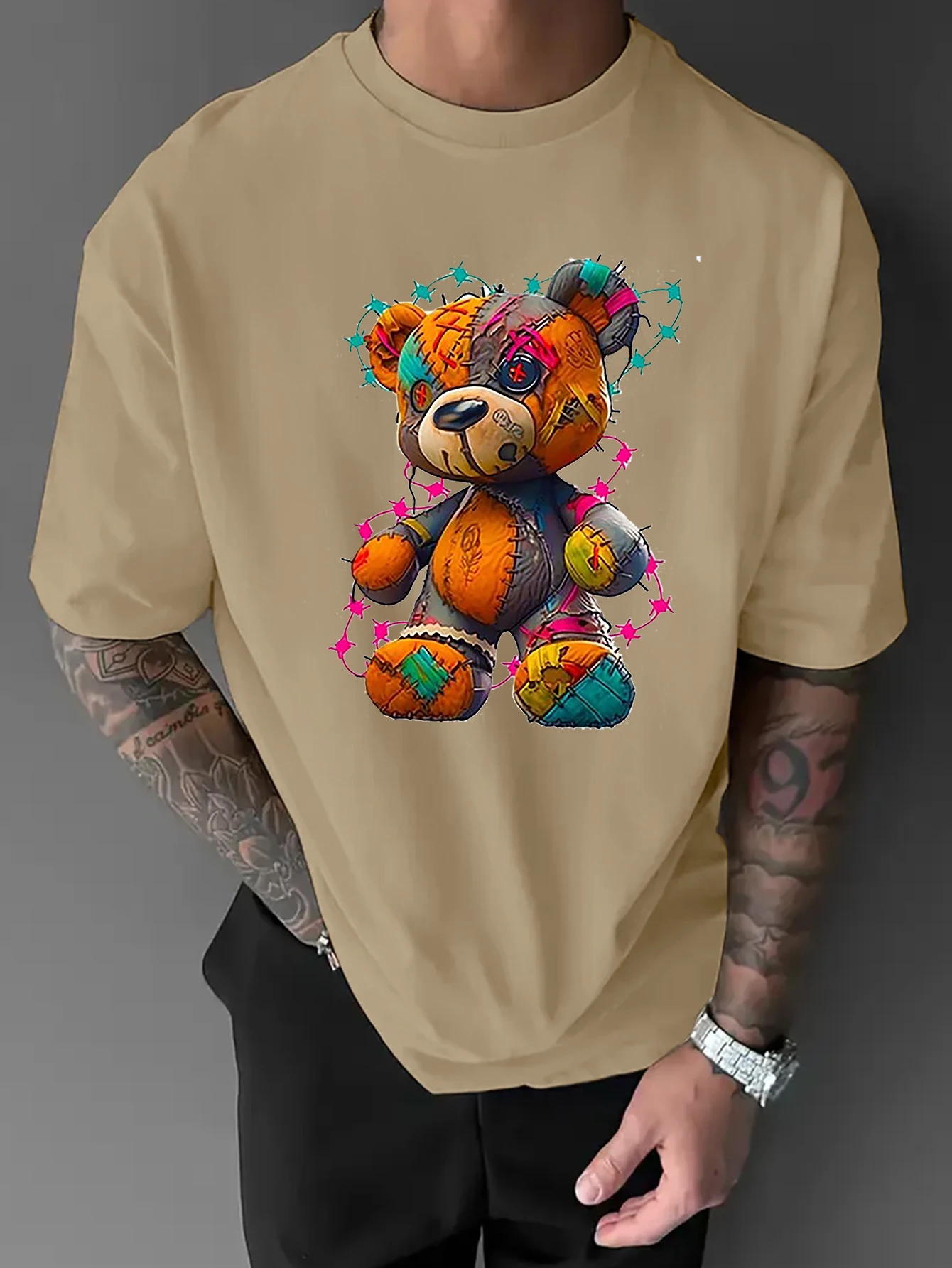 Men Oversized Crew Neck T-Shirt, Patchwork Voodoo Bear Thorn Star Streetwear Graphic Front Print Short Sleeve Casual Tee
