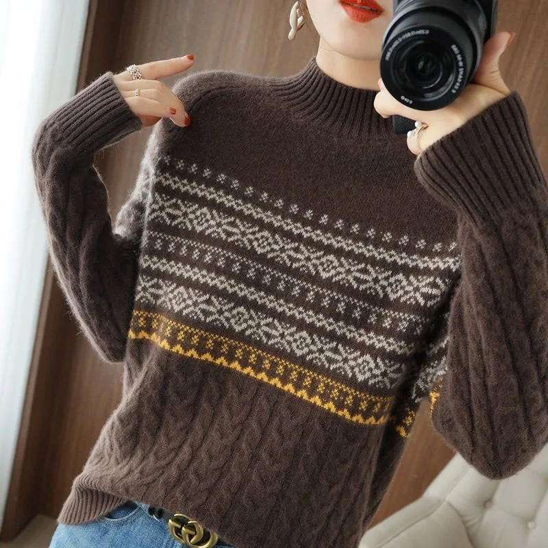 New Autumn/Winter Fashion Korean Edition Vintage Jacquard Half High Neck Loose Versatile Foreigner Women\'s Long Sleeve Sweater