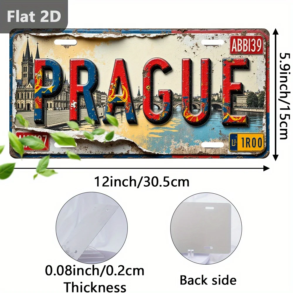 2D Flat, 1pc, Vintage Sign, Decorative Plaque And Statue (30.48cm X 14.99cm), Prague Landscape Plate, Czech Republic, Vintage Me