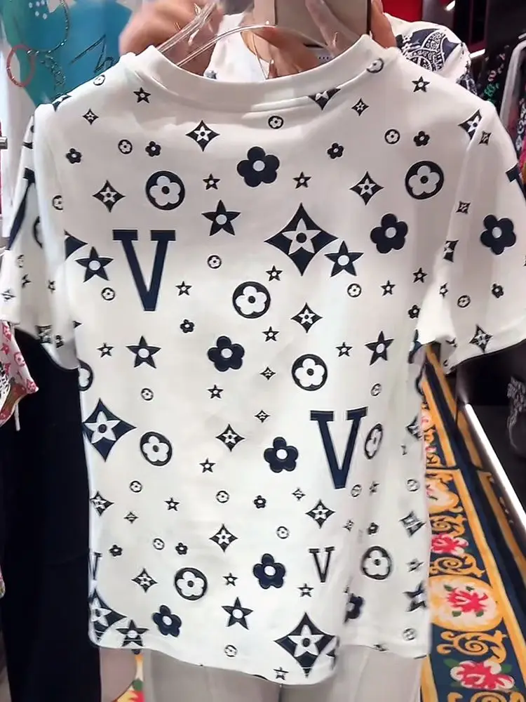 Luxo diamante geometria padrão retro t camisas de algodão branco verão manga curta camisetas topo alta rua moda feminina nicho roupas