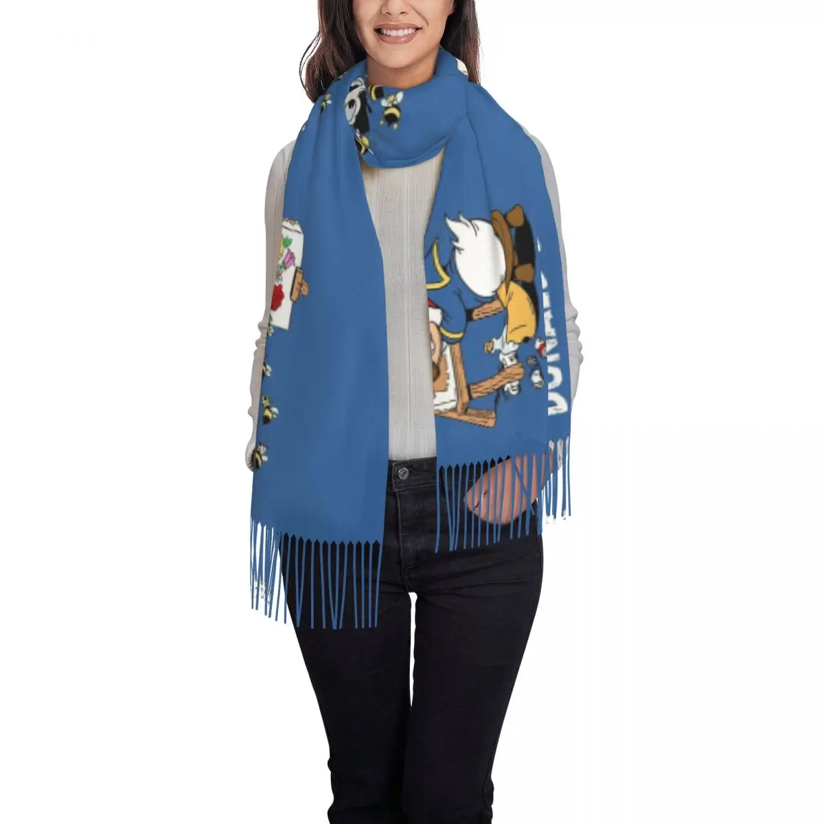 Custom Donald Duck Anime Draw Tassel Scarf Women Winter Fall Warm Shawl Wrap Ladies Scarves