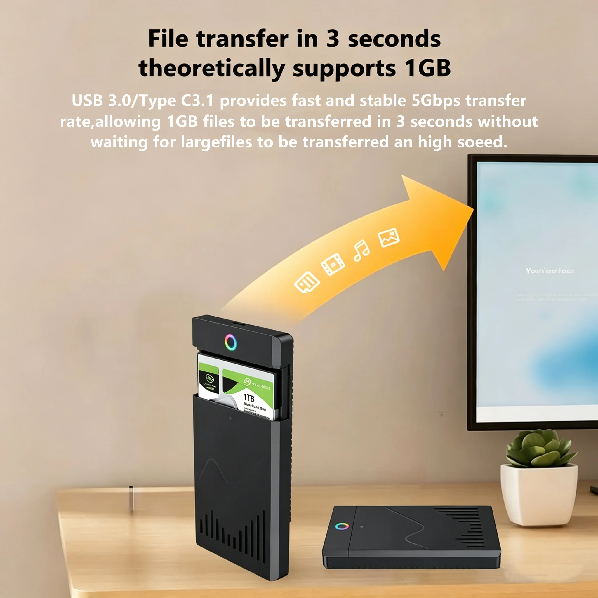 KEBIDUMEI RGB 2.5inch SSD Enclosure 5Gbps SATA to USB3.0 Type-C Adapter Case External Hard Drive Box Tool-Free 6TB Storage Box