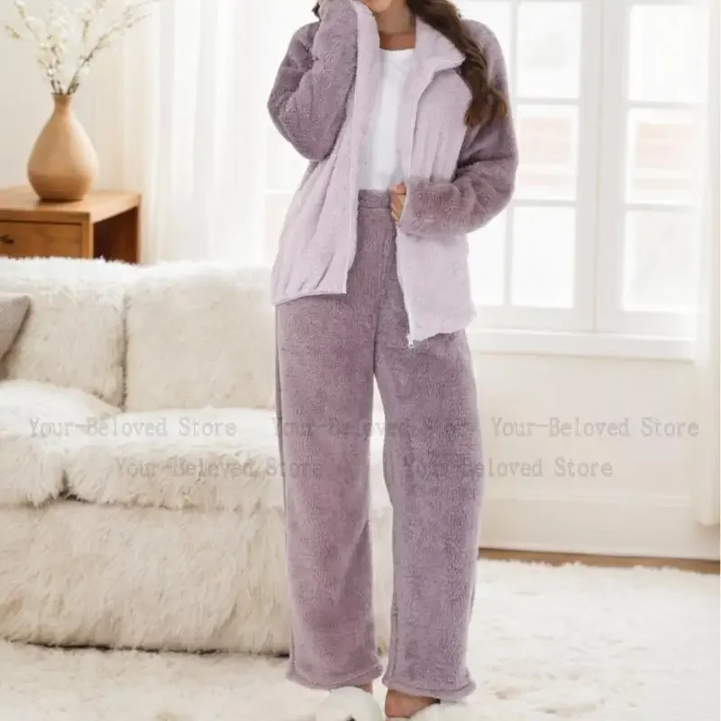 

Женский осенне-зимний теплый комплект домашней одежды на молнии с воротником-стойкой, новинка 2025 года, коралловая бархатная одежда для сна, повседневный женский комплект из двух предметов