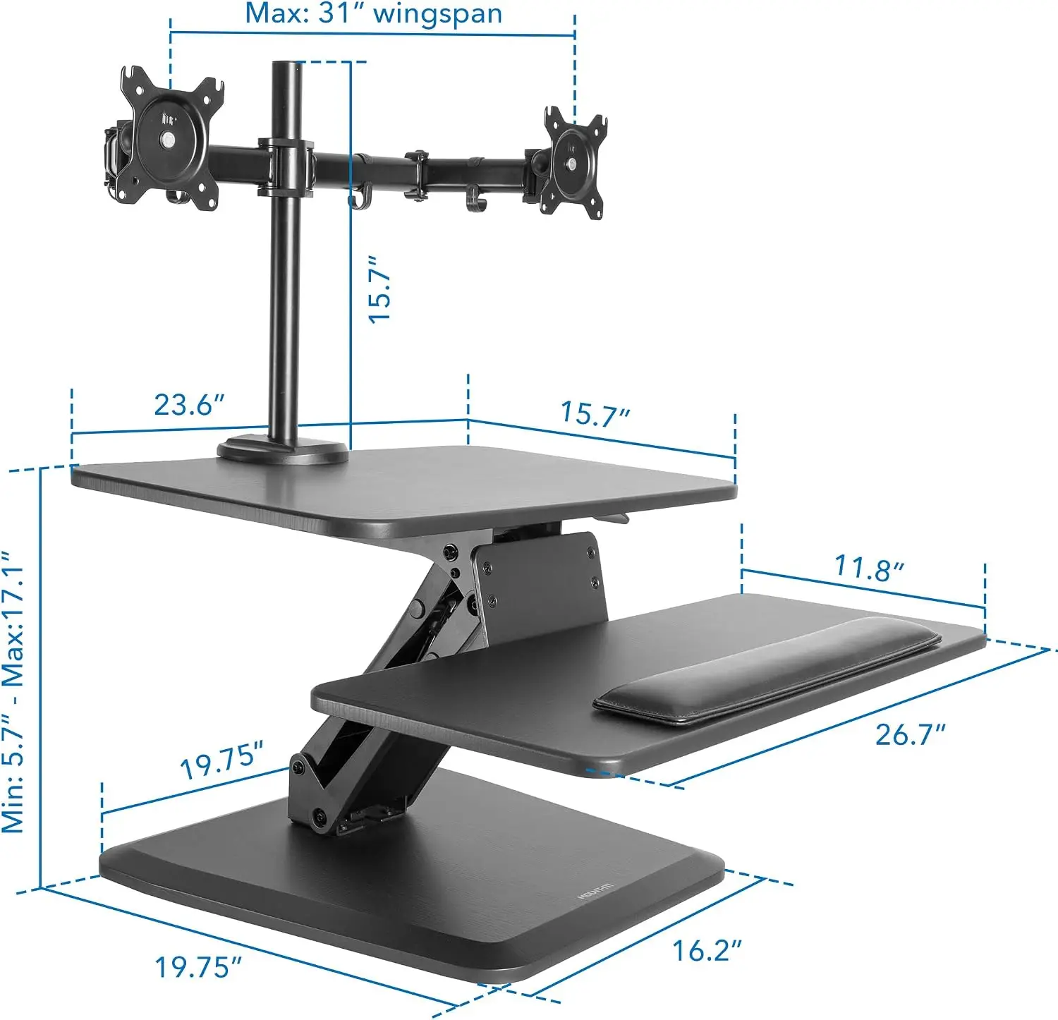 Standing Desk Converter Stand Up Desk Riser Dual Monitor Mount Adjustable Workstation Black Top Platform 23 Wide Keyboard Mouse