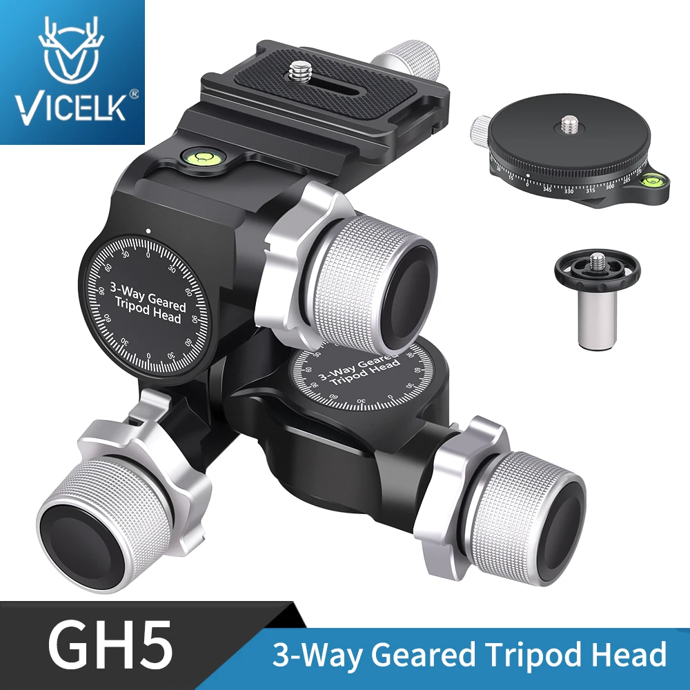 

VICELK GH5 3-Way Geared Tripod Head with Arca Type QR Plate,Millimeter Micro Adjustment,Full CNC Aluminum Alloy, Max Load 6kg