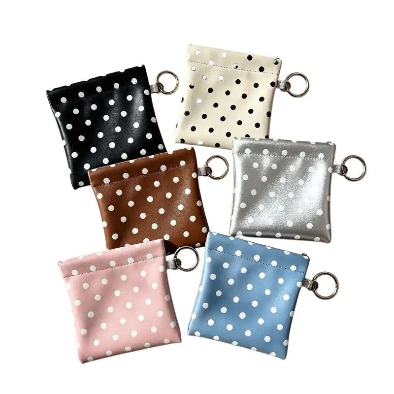 PU Leather Spring-loaded Polka Dot Coin Purse With Key Ring Compact Design For Storing Coins Cards Keys Daily Use