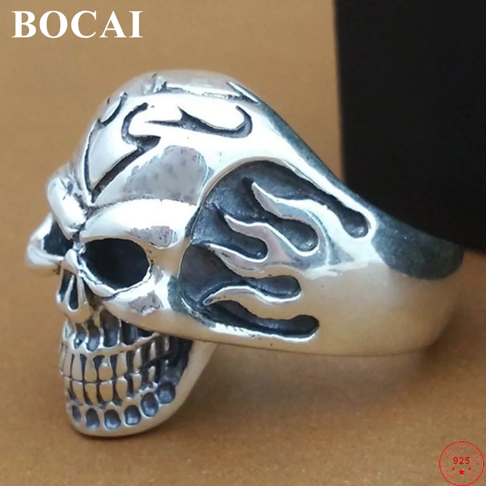 

BOCAI S925 Sterling Silver Rings for Men 2022 Popular Handmade Thai Silver Flame Skull Personality Argentum Fashion Jewelry