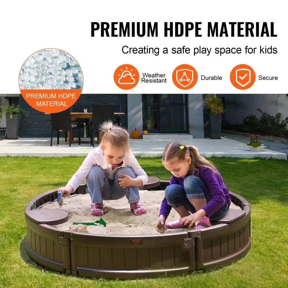 Sandbox with Cover 47.2x9.1in Round Sand Box HDPE Sand Pit 3 Corner Seating Bottom Liner Kids Sandbox for outdoor Backyard Beach