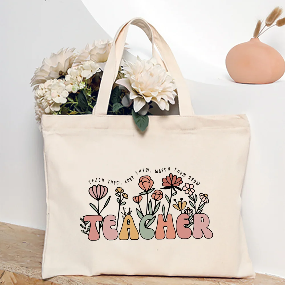 Floral Teacher Pattern Print Tote Bag Women Reusable Casual Eco Cloth Bag Teacher Appreciation Gift Best Teachers Day Gift