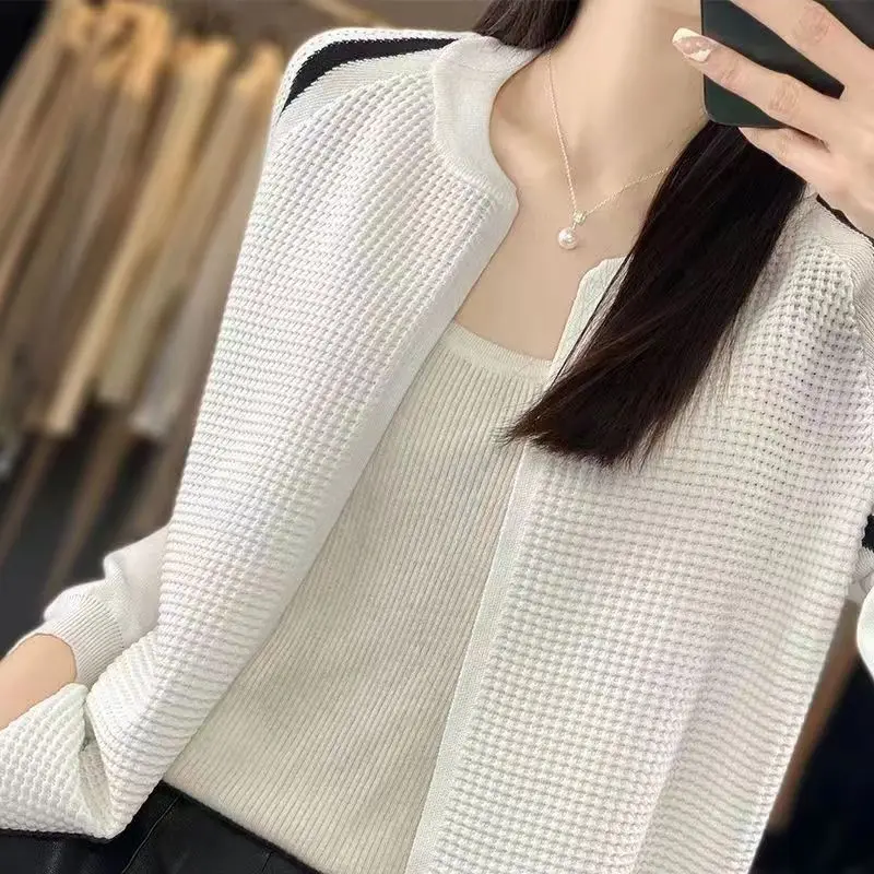 Spring Autumn Fashion Round Neck Long Sleeve Solid Cardigan Women's Clothing Korean Button Casual Knitting All-match Chic Tops