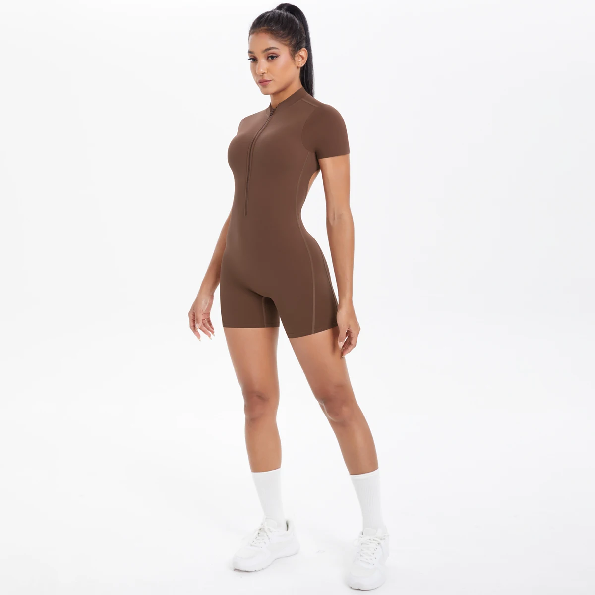 Ausgehöhlter, rückenfreier, kurzärmliger Reißverschluss-Overall für Damen, Overall, Yoga-Anzug, einteilige Legging, kurze Push-Up-Gymnastik-Yoga-Kleidung – Detail 18