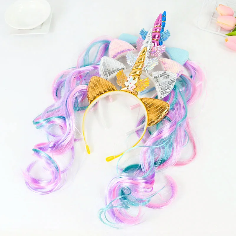 Unicorn Birthday Girl Headband Sequined Two Pigtail Hair Hoop Hairbands Baby Shower Unicorn Birthday Party Decoration Headwear