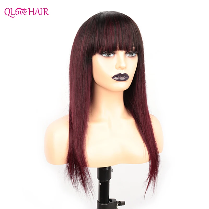 Straight Human Hair Wigs with Bangs Brazilian Ombre 1B/99J Remy Hair Wigs Full Machine Made Human Hair Wig For Women 12-32 Inch