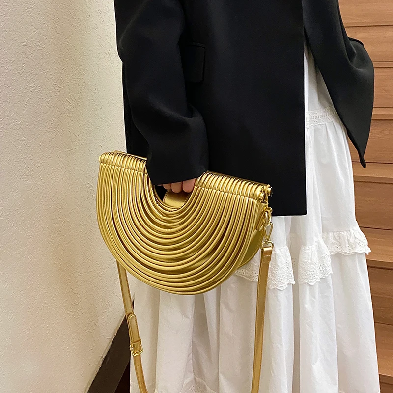 

New Trend Design Women's Half Round Rope Pulled Handbag Half Moon Gold Evening Clutch Bolsas Wedding Beach Totes сумка женская