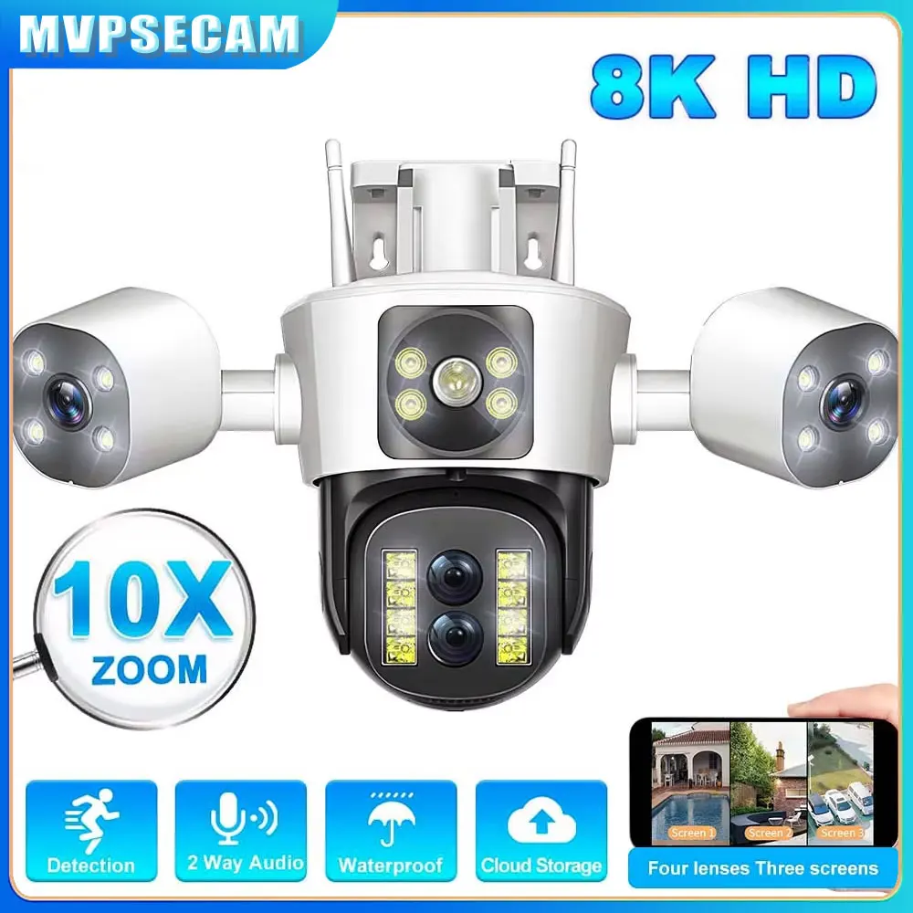 

8K 16MP Outdoor Four Lens Three Screen 10X PTZ Zoom WiFi Camera CCTV Security-Protection Ai Tracking Surveillance IPC360 App