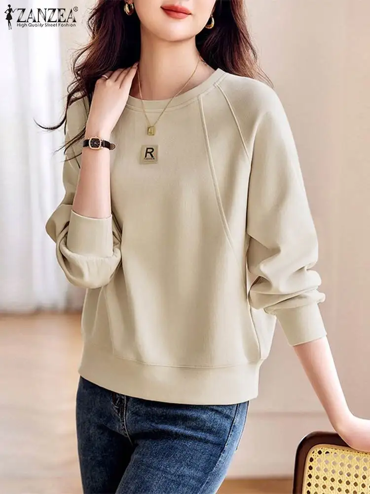 2023 ZANZEA Fashion Autumn Sweatshirt Casual Solid Pullover Female Work Hoodies Blouse Chemise Women Elegant Long Sleeve Tops