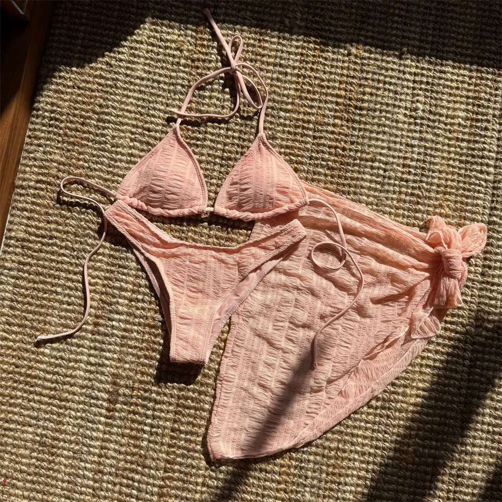 

Sexy Pink Bikinis Sets Backless Swimsuit Women Vacation Swimwears Mesh Skirt Wrinkled Cover Ups Beach Outfit Bikini Bathing Suit