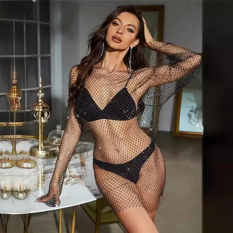 

Сексуальное ажурное длинное платье Sve Dr, женское платье с высокой талией и прикрытием Ci Walk Faionable Water Diamond Fiing Net Dr