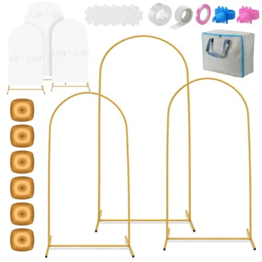 

3pack Gold Metal Arch Backdrop Stand and Cover Set 6ft 6.6ft 7.2ft Reusable Wedding Arch Back Drop Stand with White Cover Water