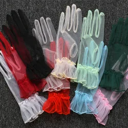 Retro Spring Summer Women Short Tulle Gloves White Black Wedding Gloves Stretchy Lace Full Finger Mittens Mesh Translucent Glove