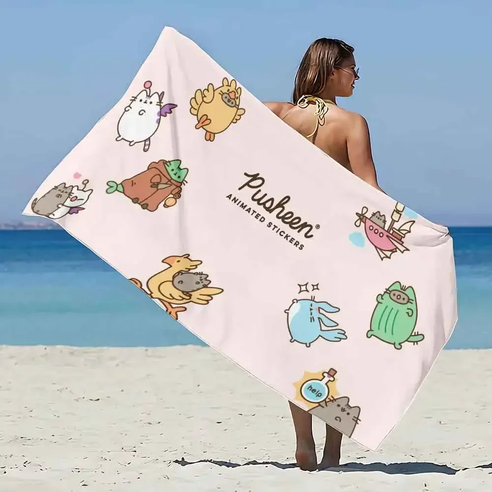 Cute Pusheens Beach Towel Microfiber Sand Free Quick Dry Soft Sandproof Pool Towels Gift for Women Travel Gym Shower Camping