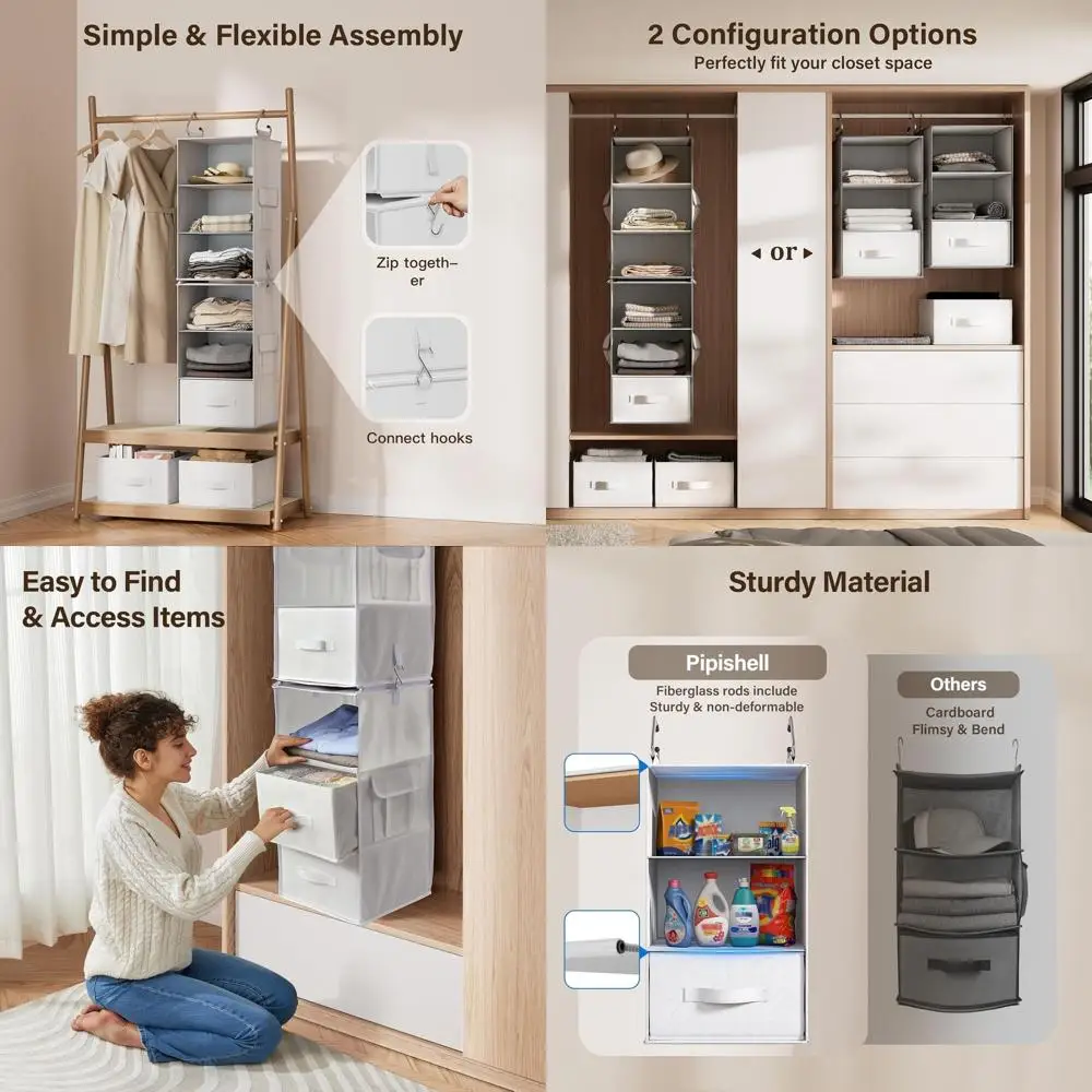 

6-уровневый подвесной органайзер для гардероба с 3-уровневыми полками, выдвижными ящиками и боковыми карманами для шкафа и детской, белый