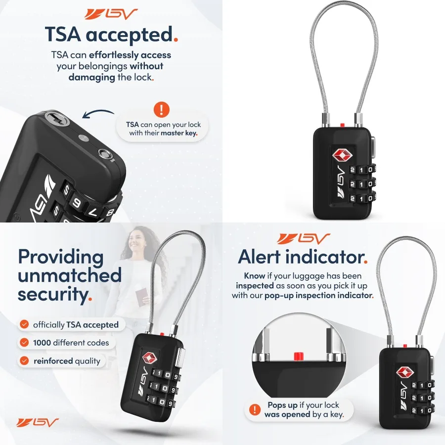 Kunci Kombinasi Hitam BV Disetujui TSA untuk Koper Perjalanan, Kunci Digital yang Dapat Diatur Ulang dengan 1000 Kombinasi yang Mungkin, Aman dan Dapat Diatur Ulang