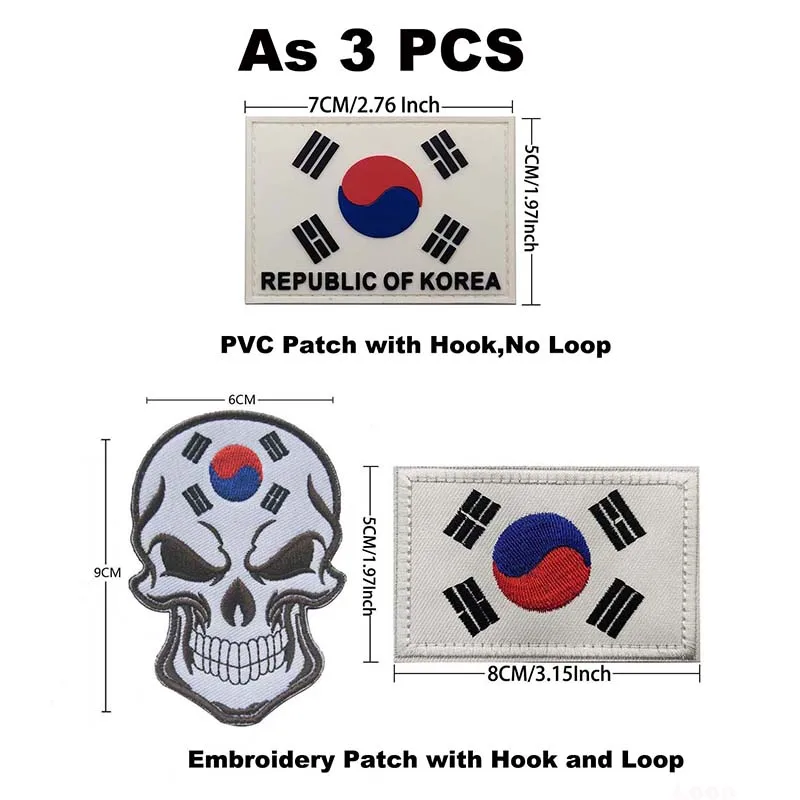 3 Stück/Südkoreanische Flagge, Totenkopf-Taktikabzeichen, gestickte Aufnäher, PVC-Applikationen, Rucksackaufkleber, Moral-Emblem für Kleidung, Hüte – Detail 3