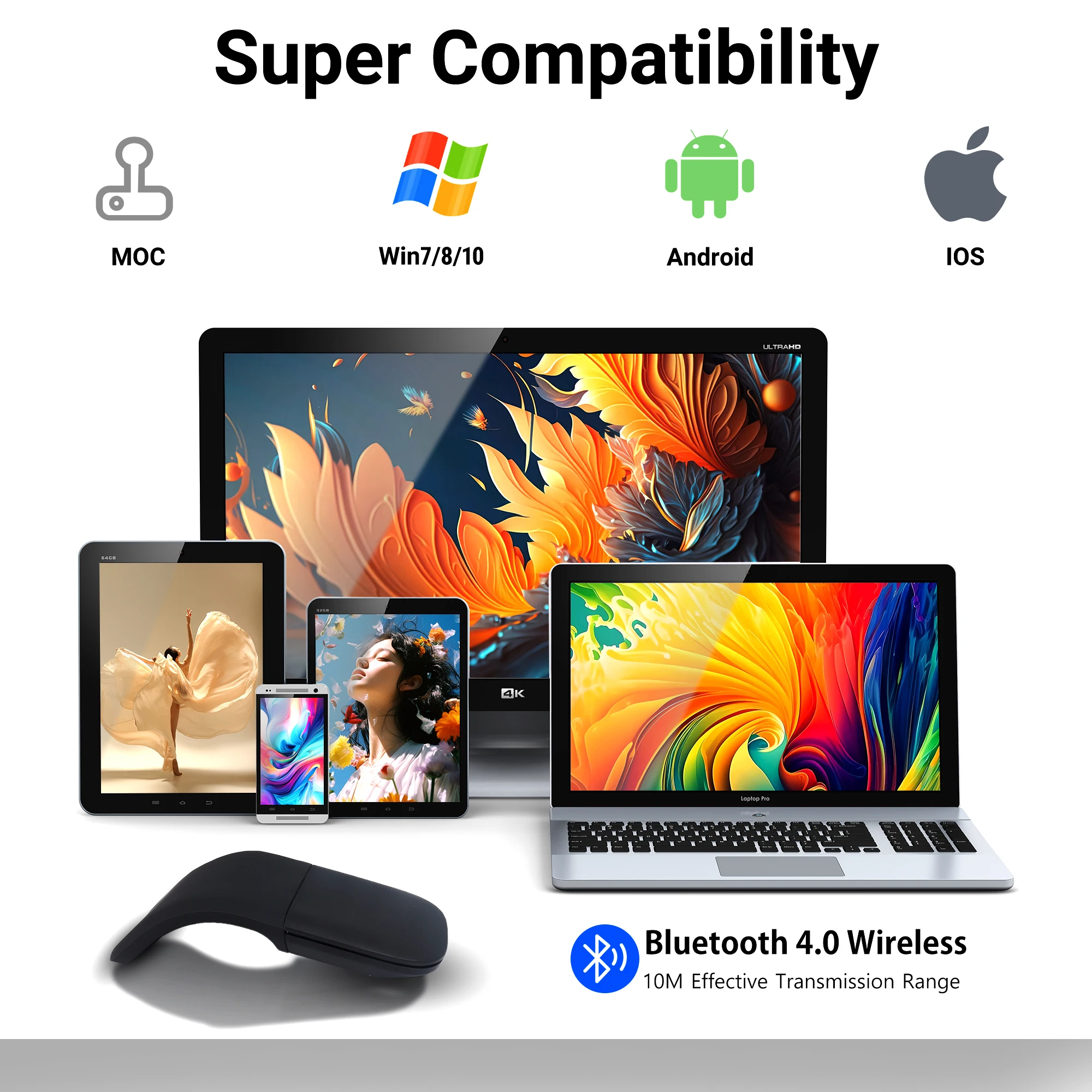 Wireless Mouse Bluetooth 4.0 Foldable Arc Touch Mause 1600 DPI Folding Ultra-thin Mute Mice for Surfacebook Laptop Office Use