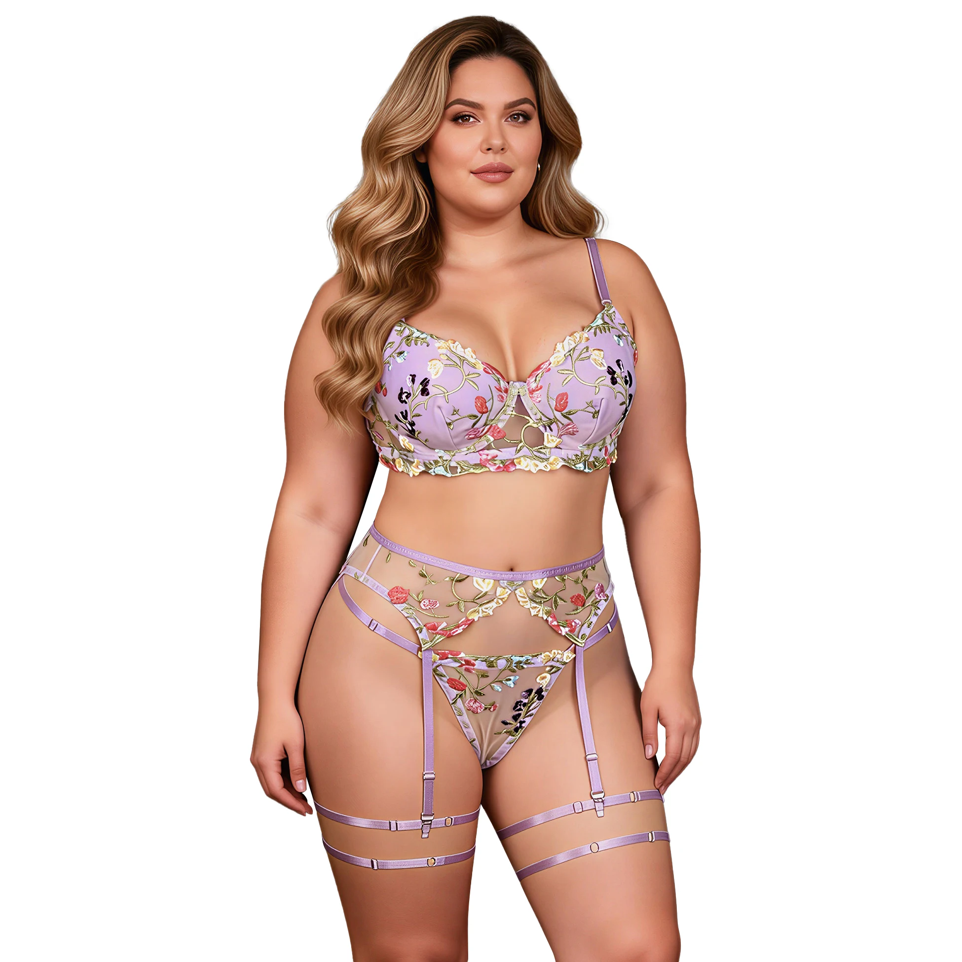 Women's  Embroidered Garter Lingerie Set Underwire Bra Adjustable Suspender Belt Removable Leg Garters G-String Erotic Intimates