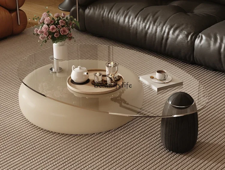 

06Tempered glass coffee table oval simple cream style antique coffee table