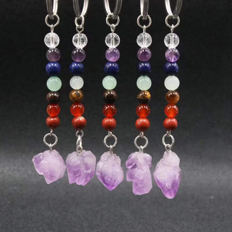 

Quartz Crystal Chakra Natural Stones Beads Key Ring Pendant Accessories Healing Reiki Decoration For Sale