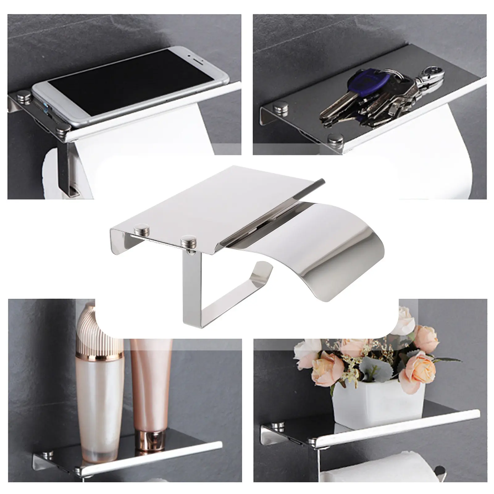 

Modern Wall Mounted Toilet Paper Holder with Shelf Stainless Steel Bathroom Organizer for Phone Keys Air Freshener Baby Wipes