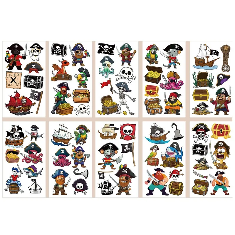 10Pcs Cartoon Pirate Treasure Gold Temporary Tattoos Sticker Skeleton Pirate Tattoos For Girls Boys Birthday Party Supplies