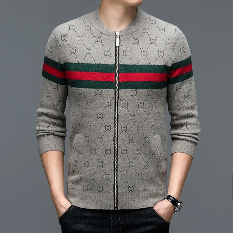

Autumn and Winter New Fashion Sweater Cardigan Men's Trend Color Blocked Letter Jacquard Knitted Jacket Handsome Jacket