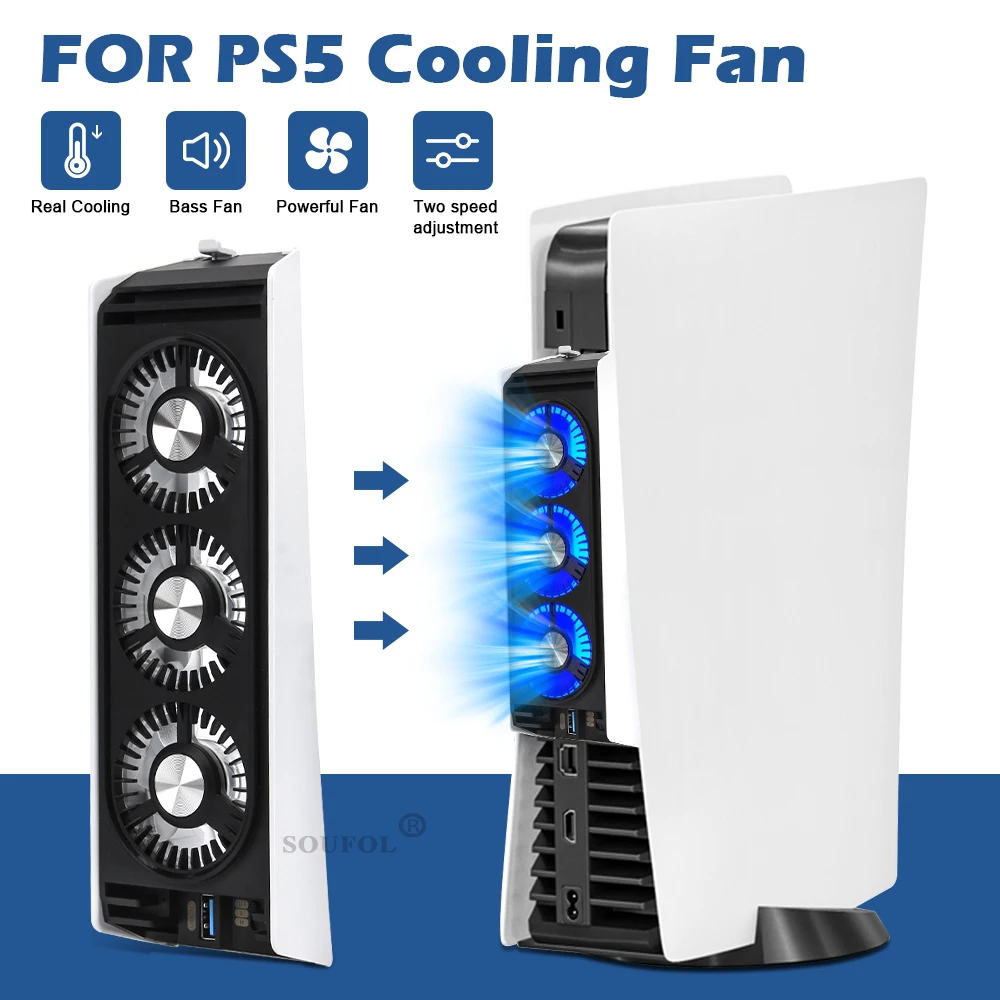 Upgraded Cooling Fan Quiet Cooler Fan LED Light USB3.0 Hubs for PS5 Playstation 5 Disc & Digital Edition Console Accessories