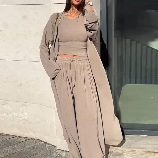 

3-Piece Set Women Outfit 2025 Spring New Casual Long Sleeve Longline Coat & Round Neck Crop Tank High Waist Wide Leg Pants Set
