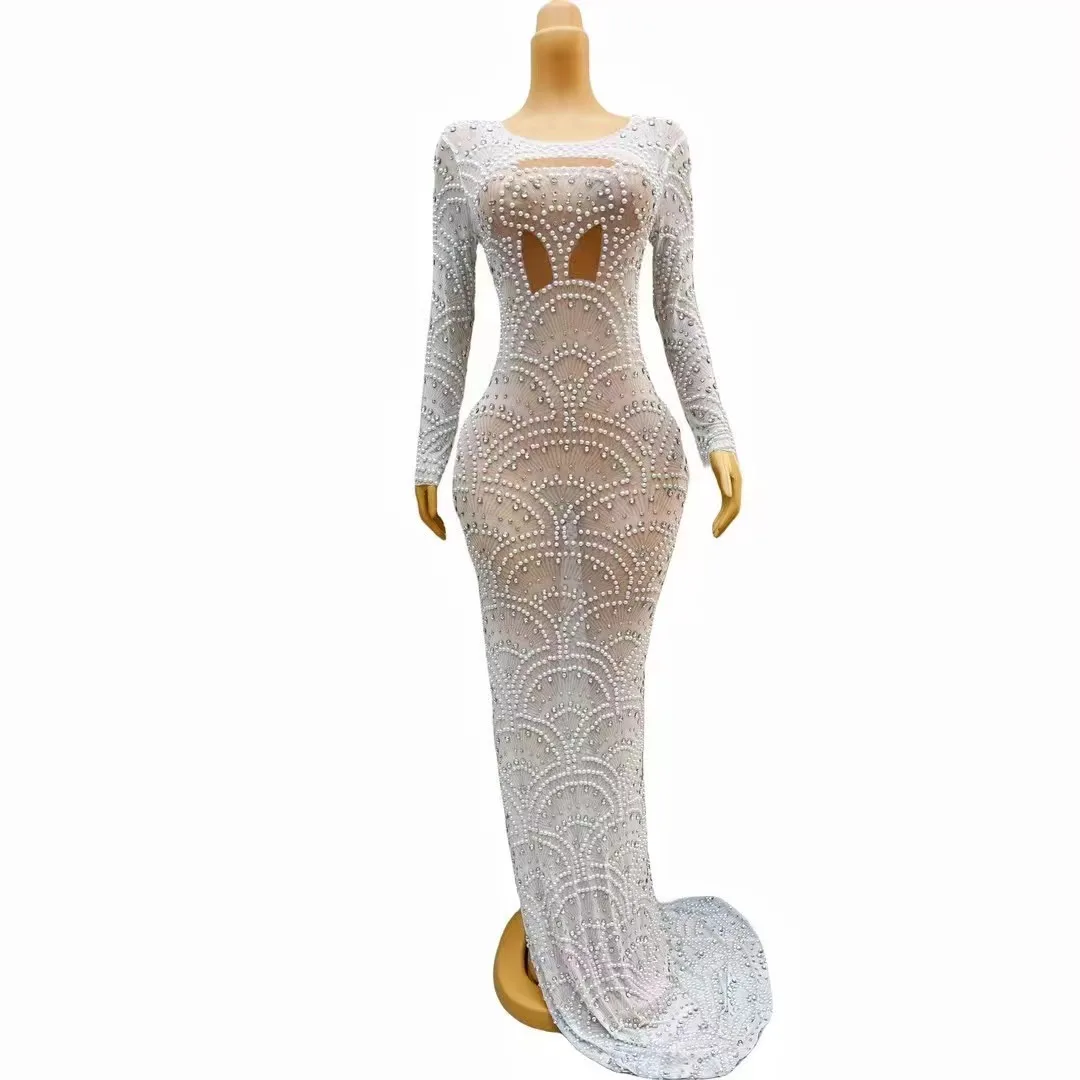 

Birthday Dress Luxury Singer StageshowRhinestone Long Sleeves Mesh Dressesransparent Outfit