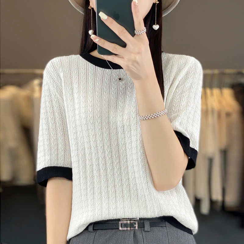 2023 Summer New Women's Round Neck Contrast Ice Silk Knitted Short Sleeve Bottom Shirt Women's Pullover T-shirt Top