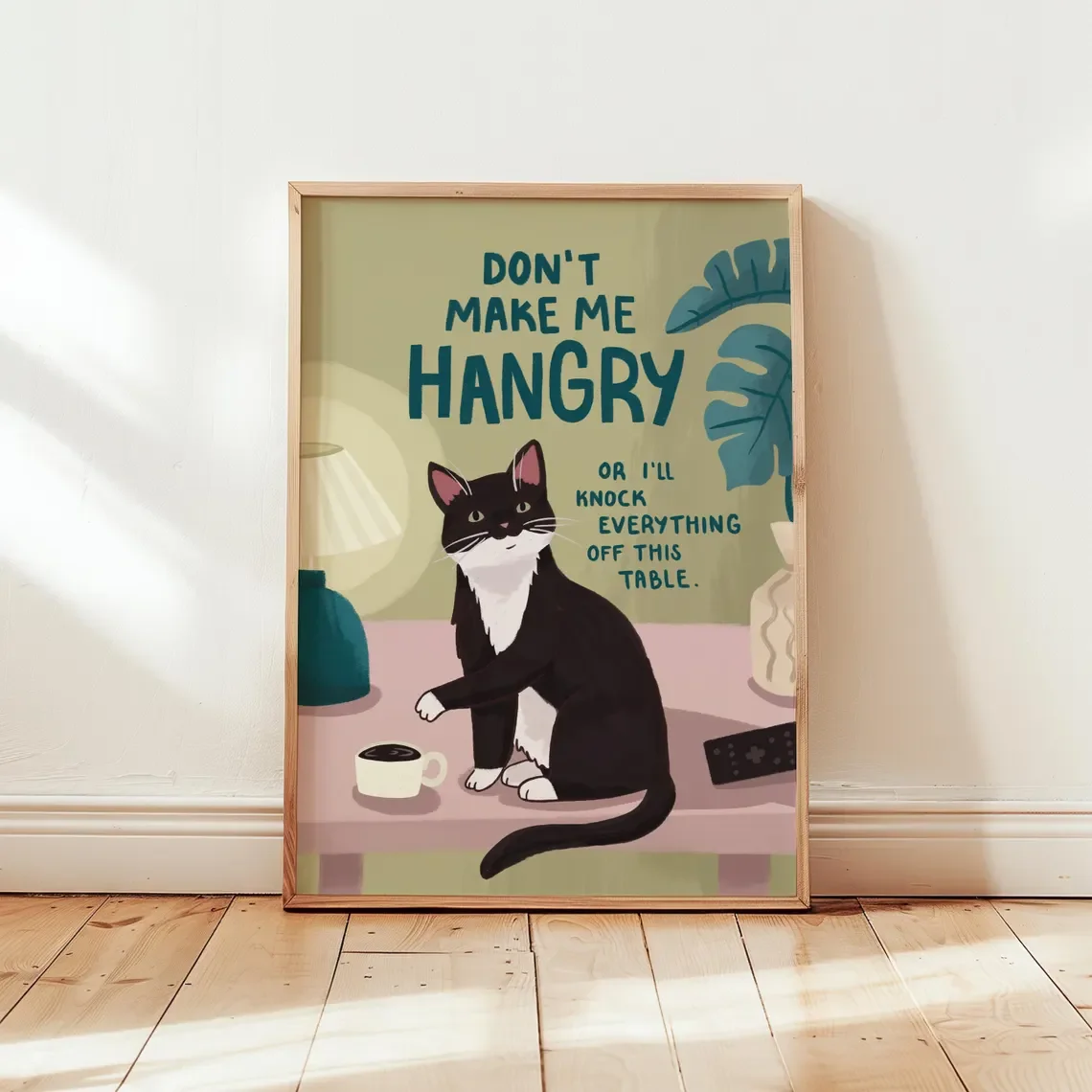 Wandkunstdruck „Don't Make Me Hangry“ – Humorvolles Katzenposter mit verspielter Drohung, ein ausgefallenes Statement