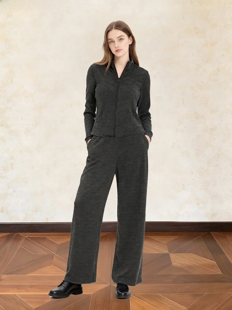 

Korean Sle Faionable Stand Collar Sweatirt And Casual Pants Set Women's Spring Bla Stripe Slim Straight Tube Two Piec...