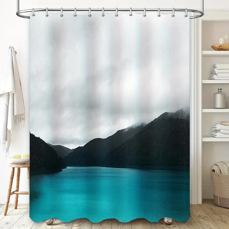 Mountain Lake Waterfall Nature Shower Curtain Forest Serene Landscape Backdrop Bathroom Decor Artistic Scenic View Premium Quali