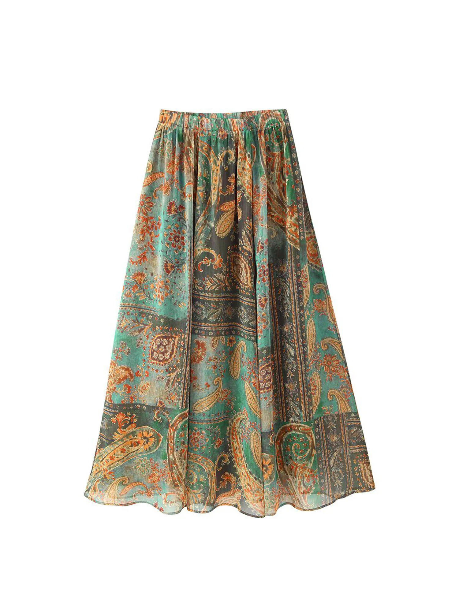 Women's Green Printed Midi Skirt Retro Ethnic Style Chiffon Midi Skirt 2000s Vintage High Waist Long Skirt for Women Summer 2026