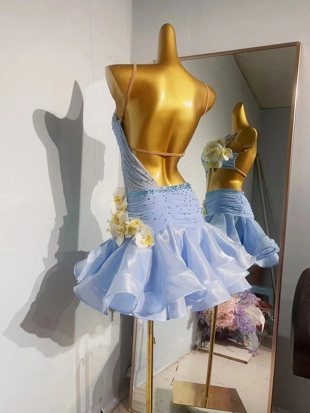 라틴 댄스 성인 및 아동 드레스 AB 스톤 하이 엔드 맞춤형 흰색 꽃 드레스 탱고 여성 전문 드레스