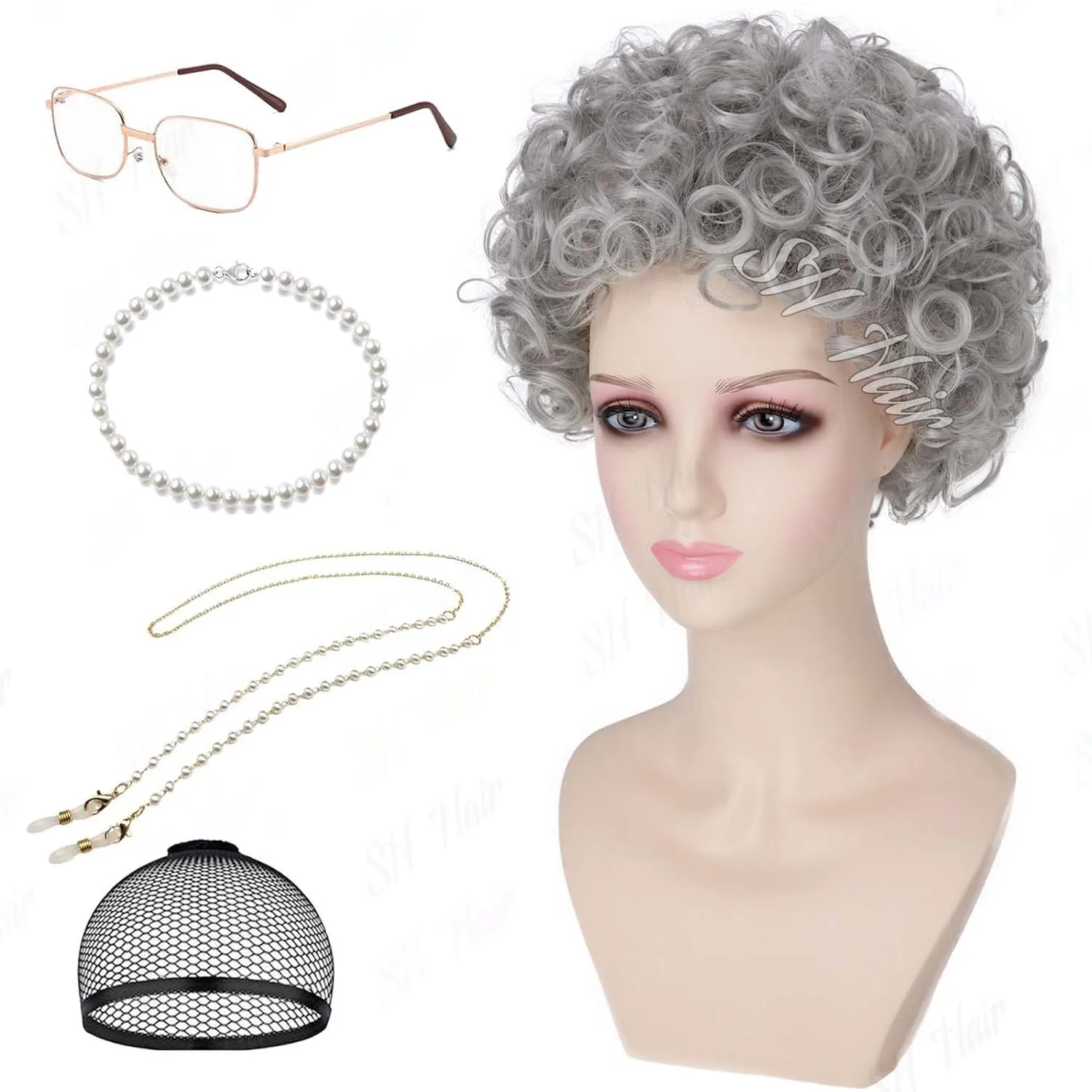 

Synthetic Kids Granny Wig for Old Lady Costume Short Curly Grey Grandma Wigs for 100 Days of School Cosplay Party Halloween Use